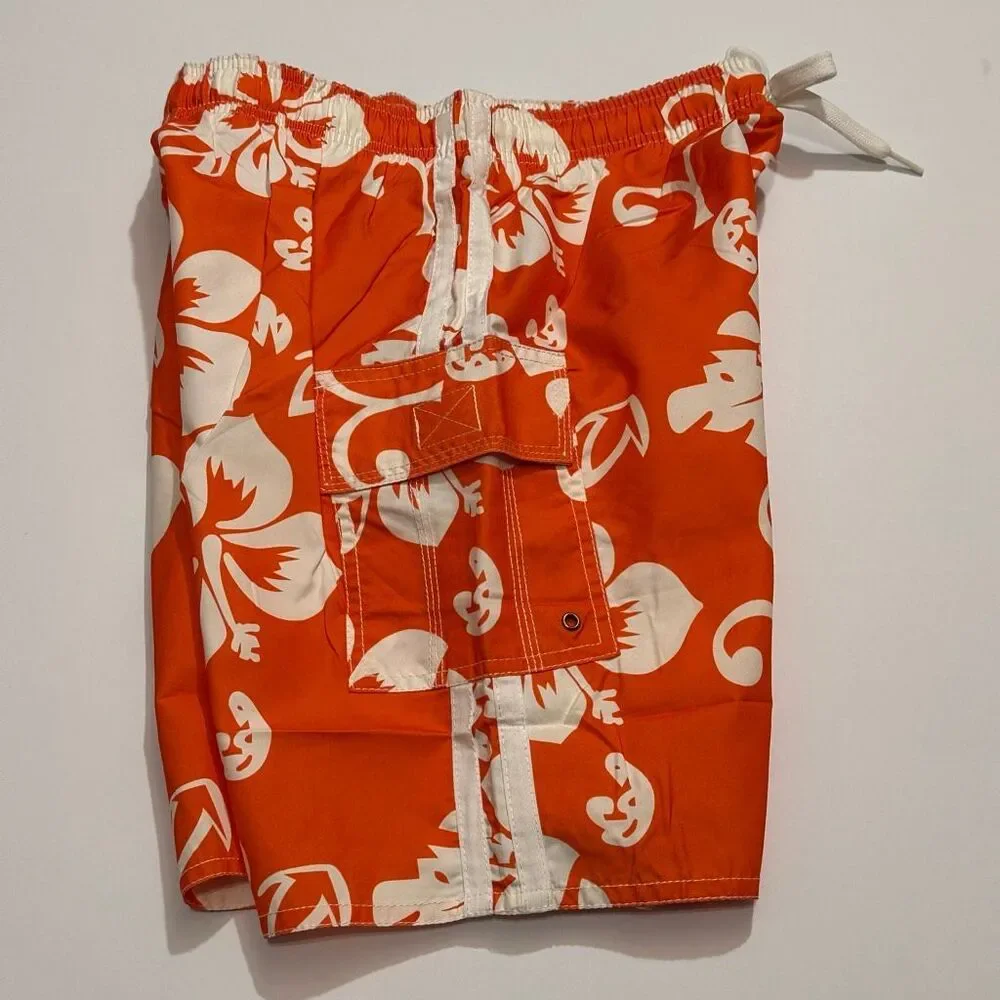 Chalaco Hibiscus Floral Swim Trunks Orange and White | Men Size 12/Medium